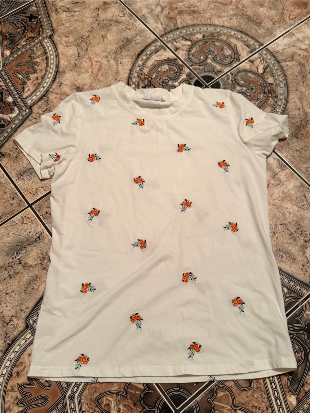 Women's Short Sleeve Tee with Orange Floral Embroidery - White